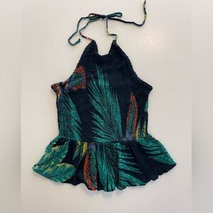 Tropical Floral Halter Top Peplum Ruched Rayon S